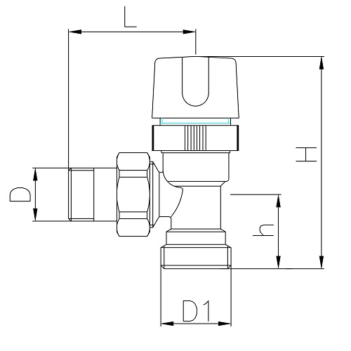 Scheda tecnica - Valvola ad angolo termostatica Eurocono con volantino micrometrico, attacco tubo rame, multistrato e Pex