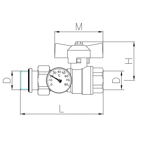 Scheda tecnica - Valvola a sfera MF con bocchettone PN25 e termometro Ø 40mm, scala 0 - 80°C, maniglia a farfalla