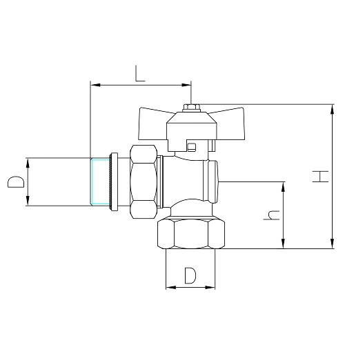 Scheda tecnica - Angle MF ball valve PN25 with pipe union and O-ring, butterfly handle