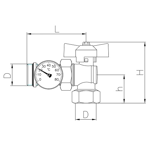 Scheda tecnica - Valvola a sfera ad angolo MF con bocchettone PN25 preguarnito, termometro Ø 40mm, scala 0 - 80°C, maniglia a farfalla
