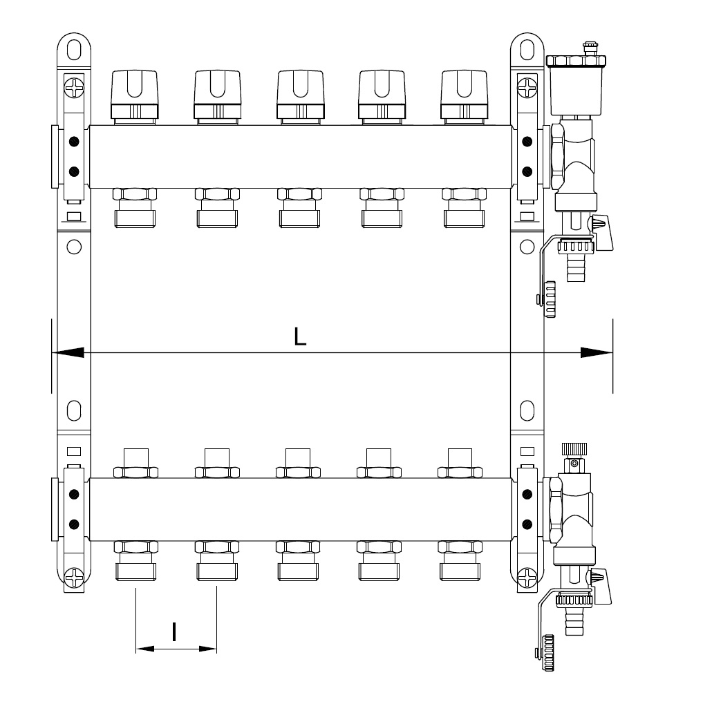 Scheda tecnica - Collettori FF in acciaio AISI 304L con attacchi 3/4” M Eurocono, con vitoni termostatici e detentori di regolazione
