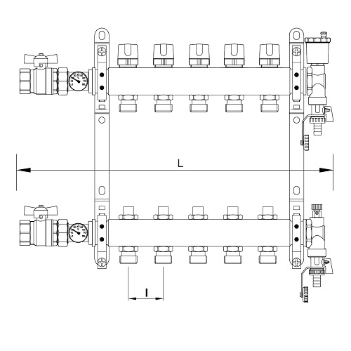 Scheda tecnica - FF stainless steel AISI 304L manifolds with 3/4” male Euroconus outlets, with thermostatic screws and lockshield valves. Ball valves thermometer included
