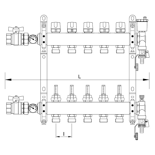 Scheda tecnica - FF stainless steel AISI 304L manifolds with 3/4” male Euroconus outlets, with thermostatic screw and fl ow meters. Ball valves with thermometer included