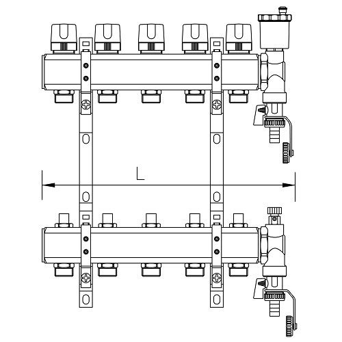 Scheda tecnica - FF brass bar manifolds with 3/4” male Euroconus outlets, with thermostatic screw and lockshield valves