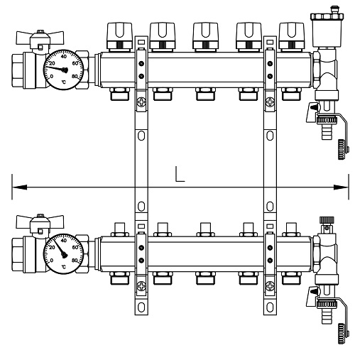 Scheda tecnica - Collettori da barra FF con attacchi 3/4” M eurocono con vitone termostatico e detentori