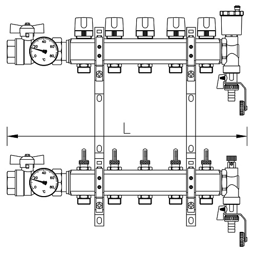 Scheda tecnica - FF brass bar manifolds with 3/4” male Euroconus outlets, with thermostatic screw and fl ow meters.