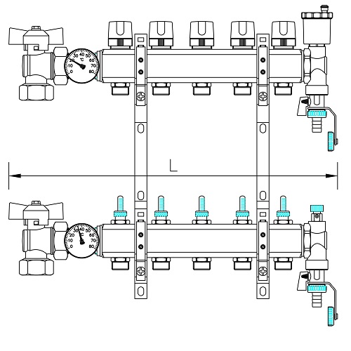 Scheda tecnica - FF brass bar manifolds with 3/4” male Euroconus outlets, with thermostatic screw and fl ow meters.