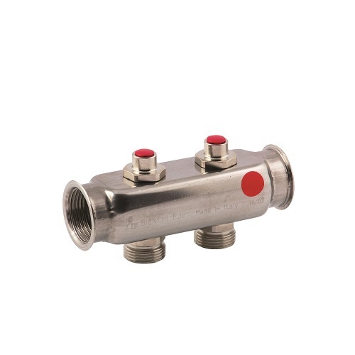 Collettori FF in acciaio AISI 304L con uscite 3/4” M Eurocono e detentori di regolazione