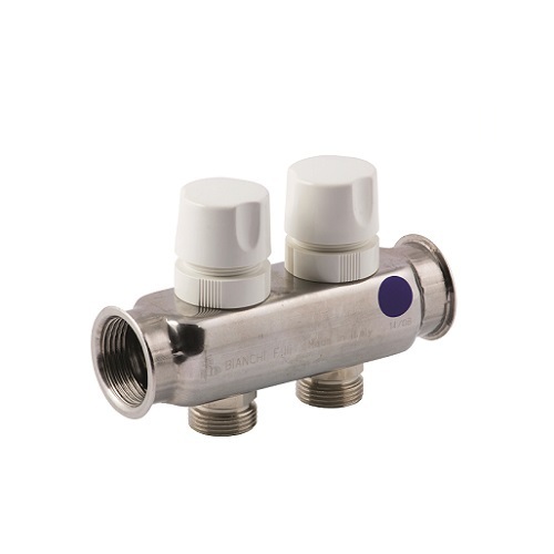 Collettori FF in acciaio AISI 304L con uscite 3/4” M Eurocono e vitoni termostatici e volantino micrometrico.