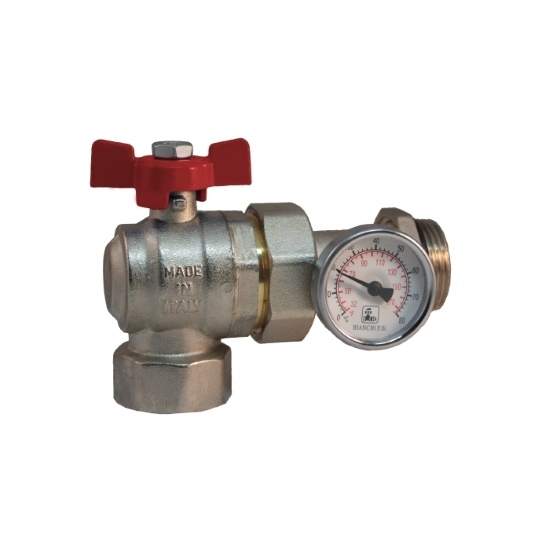 Angle pipe union MF ball valve PN 25 and thermometer %>