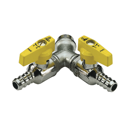 Double LPG ball valve male connection with hose attachment %>