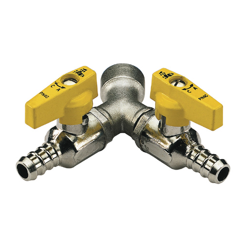 Double LPG ball valve female connection with hose attachment %>