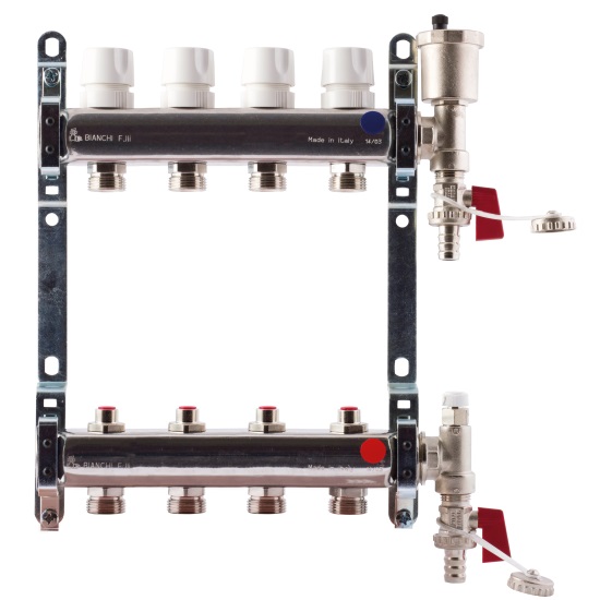 Collettori FF in acciaio AISI 304L con attacchi 3/4” M Eurocono, con vitoni termostatici e detentori di regolazione