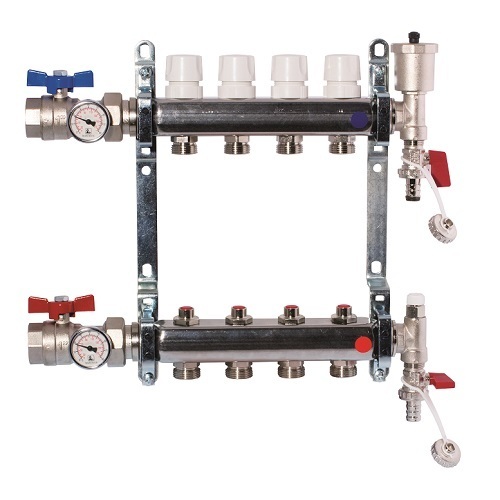 Collettori FF in acciaio AISI 304L con attacchi 3/4” M Eurocono, con vitoni termostatici e detentori.