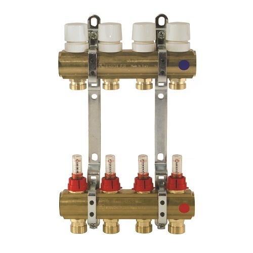 Brass manifolds, with therm. valves and flowmeters %>