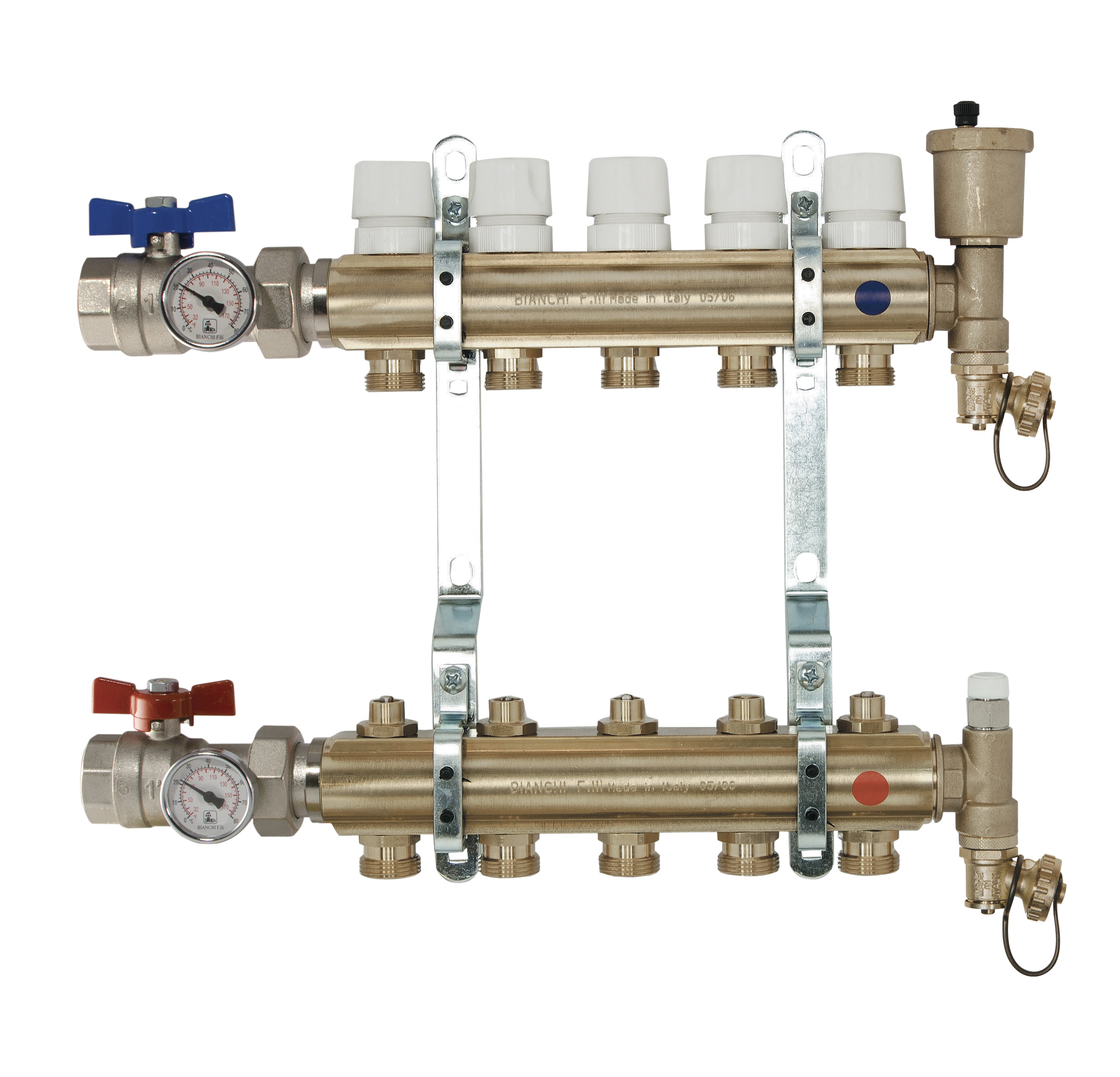 Brass manifolds therm. valves and lockshield, valves, disch. %>