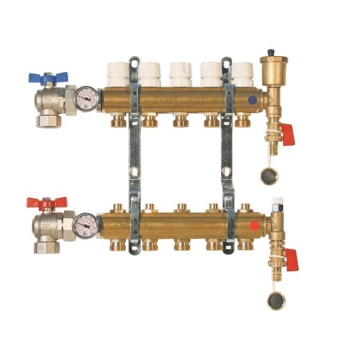 Collettori da barra FF con attacchi 3/4” M eurocono con vitone termostatico e detentori.