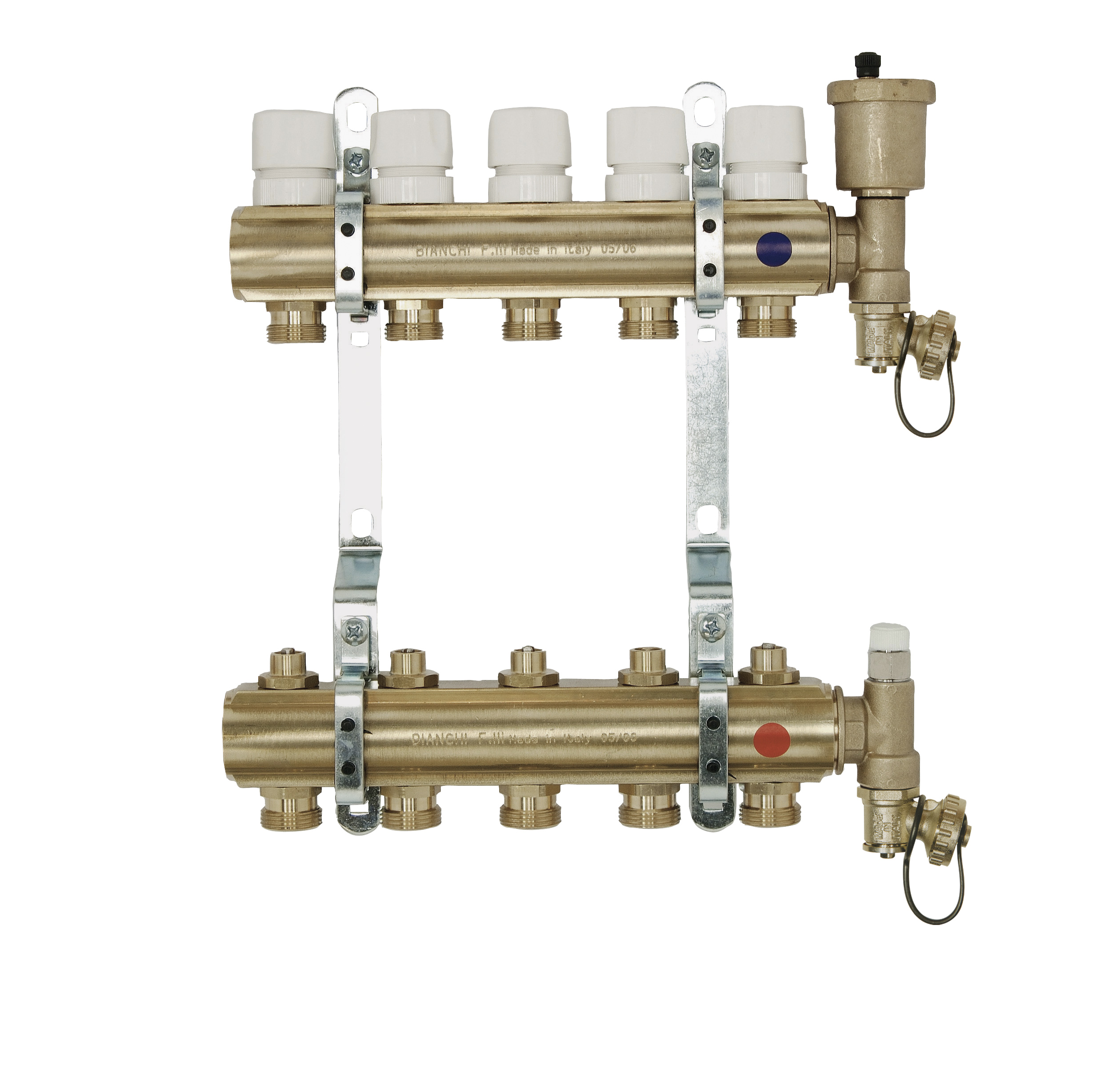 Brass manifolds therm. valves and lockshield and discharge %>