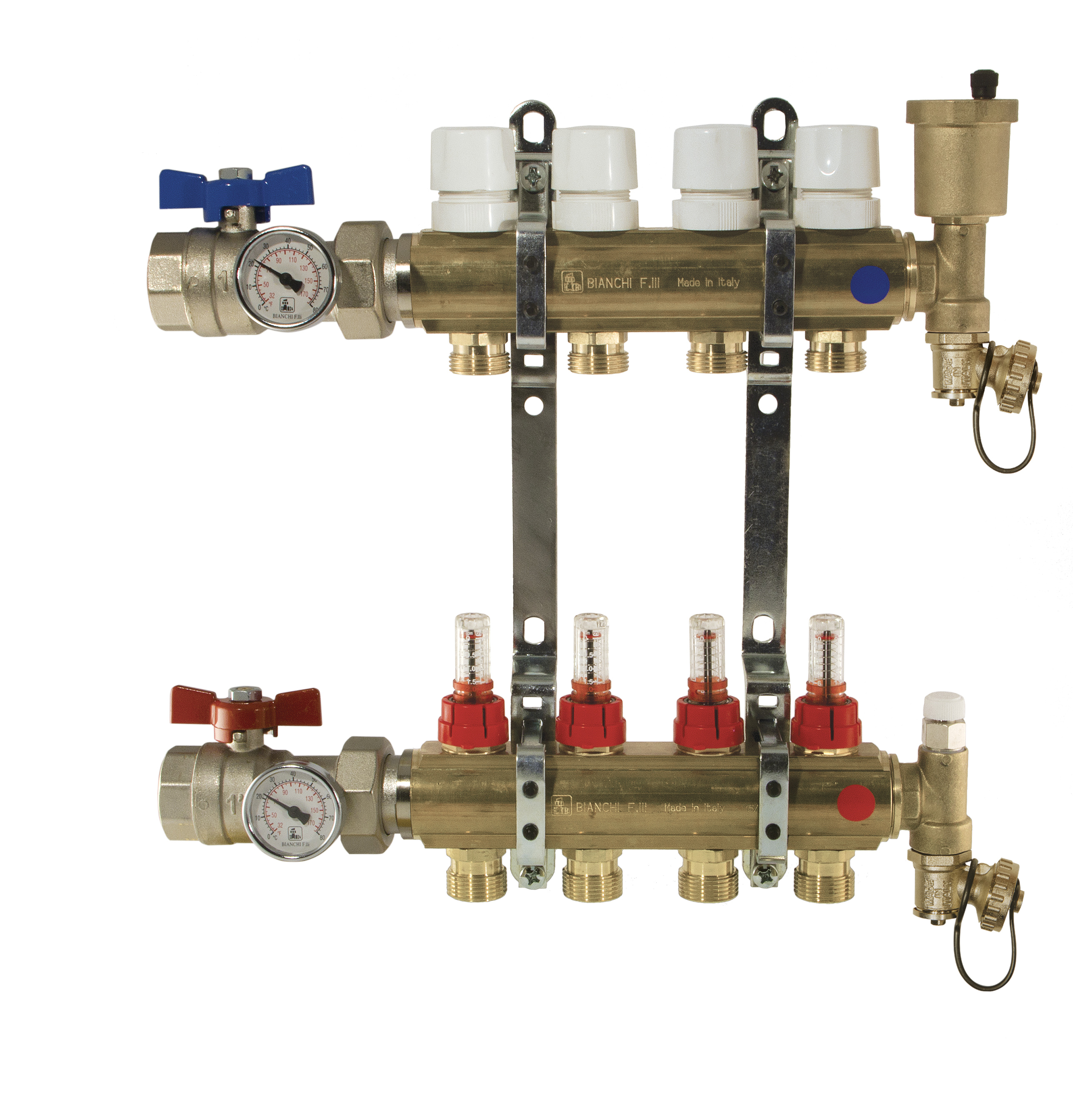 Brass manifolds therm. valves and flowmeters, valves, disch. %>