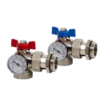 Kit angle pipe union MF ball valve PN25 with thermometer