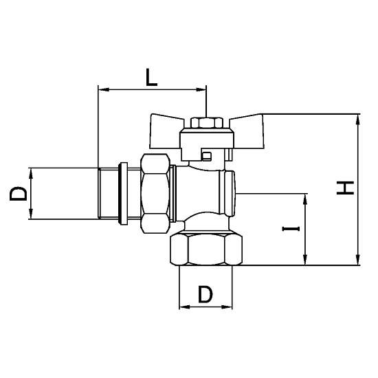 Scheda tecnica - Angle MF ball valve PN25 with pipe union, butterfly handle