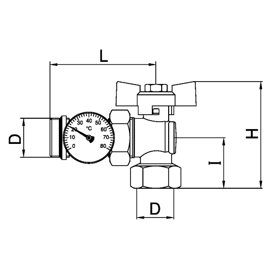 Scheda tecnica - Angle pipe union MF ball valve PN 25 and thermometer