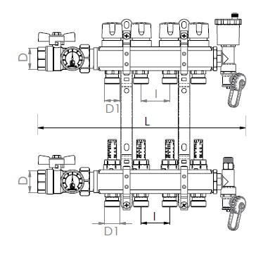 Scheda tecnica - Collettori ottone con vitoni, flussimetro, valvole, sfiato