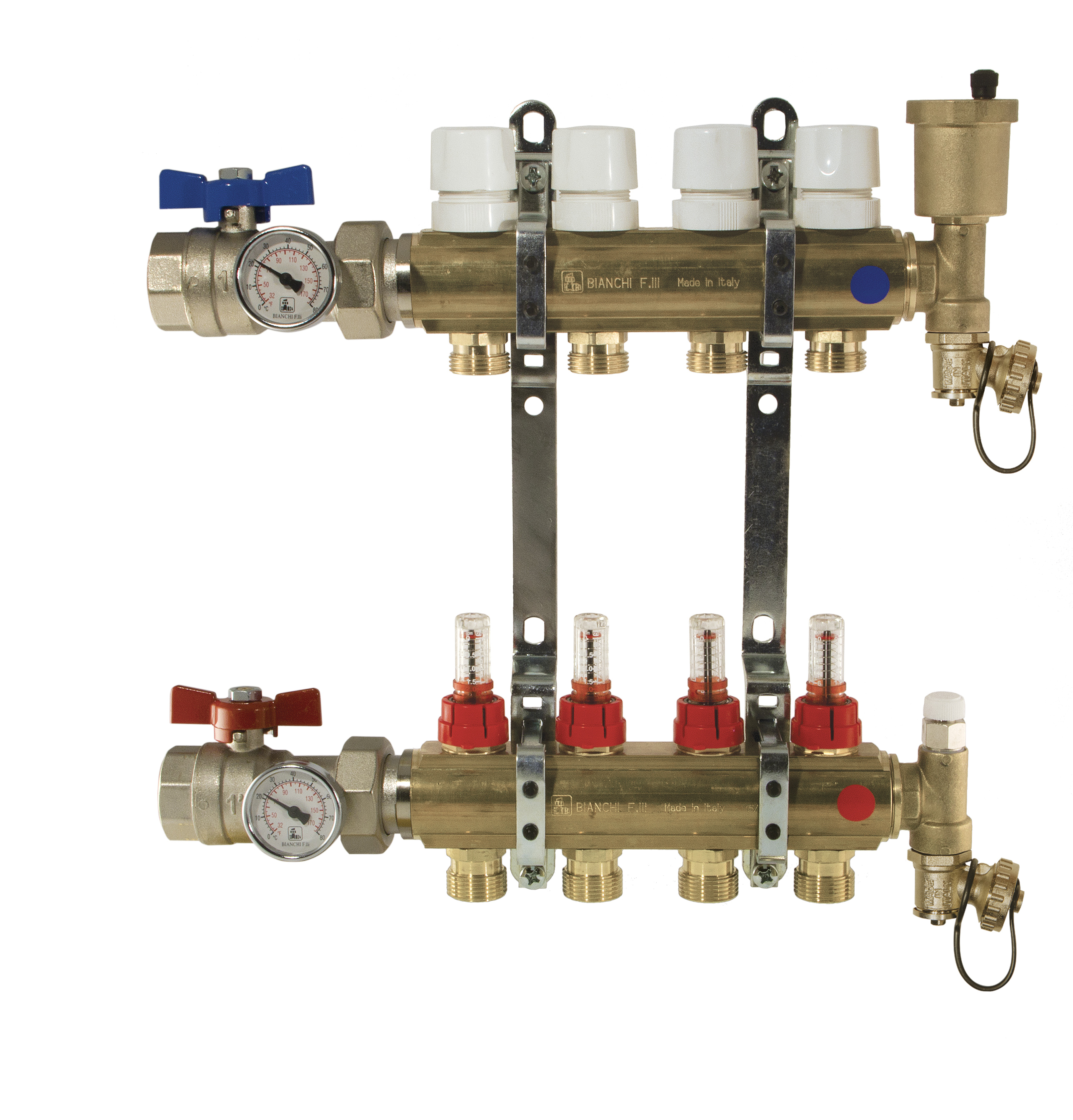 Collettori ottone con vitoni, flussimetro, valvole, sfiato