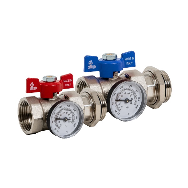 Kit straight pipe union MF ball valve PN25 with thermometer